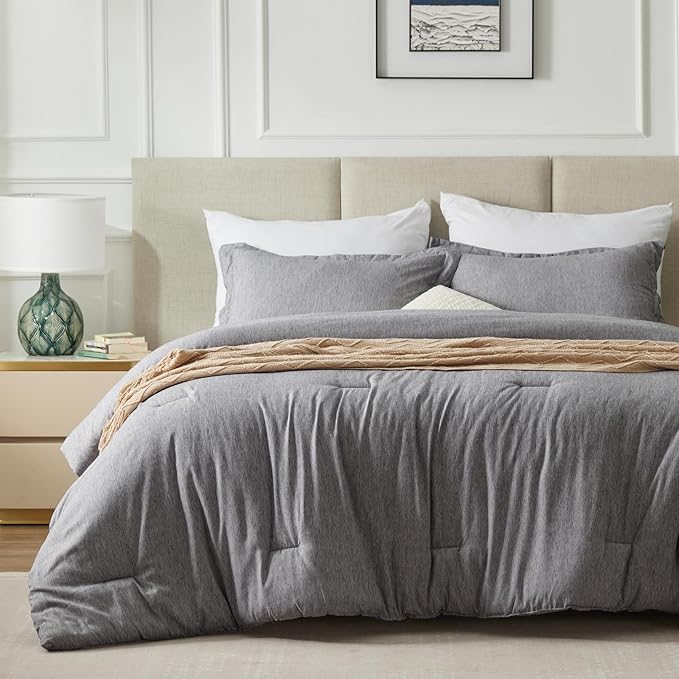 CozyLux Queen Comforter Set - 3 Pieces Grey Soft Luxury Cationic Dyeing Queen Comforter for All Season, Gray Breathable Lightweight Fluffy Bedding Sets with 1 Comforter and 2 Pillow Shams