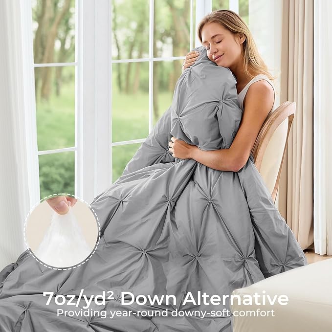 Sasttie Queen Comforter Set, 7-Piece Bed in a Bag, Pintuck Bedding Sets for All Season, Includes Comforter, Flat Sheet,Fitted Sheet, Pillowcases and Pillowshams, Light Grey