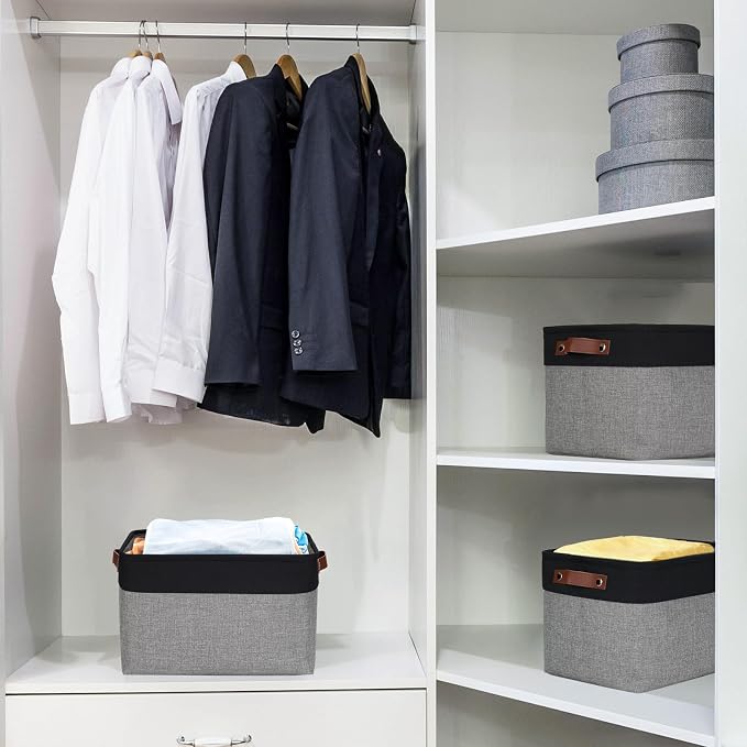 Bagnizer Storage Bins Large Fabric Storage Baskets for Shelves 3 Pack, Decorative Linen Closet Baskets with Handles for Organizing, Shelf, Clothes, Home, Office, 15x11x9.5Inches (Grey&Black) - Image 2