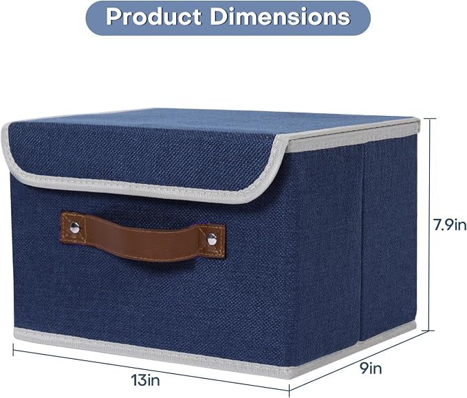 ANMINY Storage Bin with Lid Storage Boxes with PU Leather Handles PP Plastic Board Decorative Foldable Lidded Cotton Linen Fabric Home Cubes Baskets Closet Organizer Container - Blue, Medium - Image 5