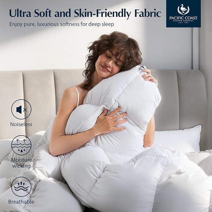 Pacific Coast Luxury White Goose Feather Down Fiber Comforter Queen Size, All Season Hotel Collection Duvet Insert, Ultra Soft, Breathable Bedding Comforter with 8 Corner Tabs, 90x90 Inch White