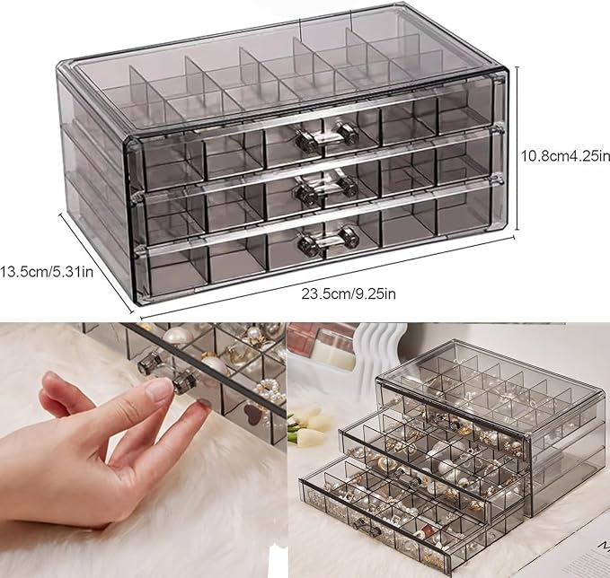 Earring Storage Box Organizer 3 Drawers Acrylic Jewelry Storage Box Holder Transparent Jewelry Display Stand with 72 Cells Gift for Women Girls - Image 3