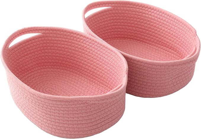 JMvicyroam Woven Basket,Small Rope Storage Bin with Handles & Ribbon Bag, Organizer for Shelves Closets,Gift Basket Empty for Birthday,Books,Dog Toys, Pink/2 Pack by JMvicyroam