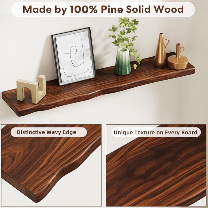 Floating Shelves for Wall Rustic Farmhouse 36 Inch Floating Shelf Bathroom Wooden Shelves for Wall Mounted Live Edge Pine Shelf with Unique Natural Grain for Living Room Bedroom Kitchen (Walnut) - Image 4