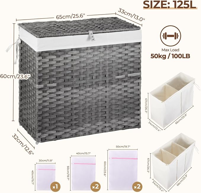 Greenstell Laundry Hamper with Lid, 125L Wicker Laundry Baskets with 2 Removable Liner Bags & 5 Mesh Laundry Bags, Handwoven Rattan Clothes Hamper with Handles for Clothes in Bathroom, Bedroom - Image 5