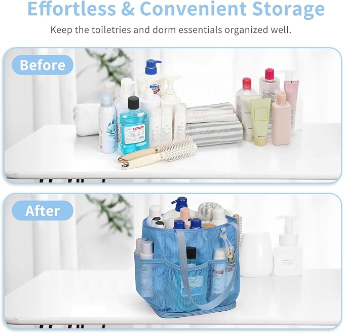 Mesh Shower Caddy Portable for College Dorm Room Essentials, Shower Tote Bag with Hanging Hook and Drawstring, Quick Dry Toiletry Bag with 6 Pockets for Bathroom, Swimming, Gym, Camping, Beach, Travel - Image 8