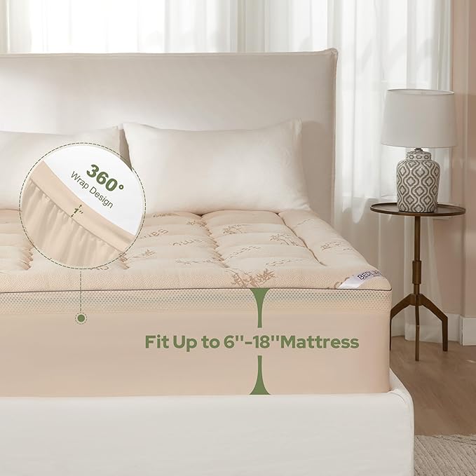 BEDLORE 4 Inch Memory Foam Mattress Topper Queen,2-in-1 Dual Layer Design (2" Gel Memory Foam + 2" Plush Pillow Top Cover) Mattress Topper Medium-Firm,Pressure Relief & Back Pain Support(Beige)