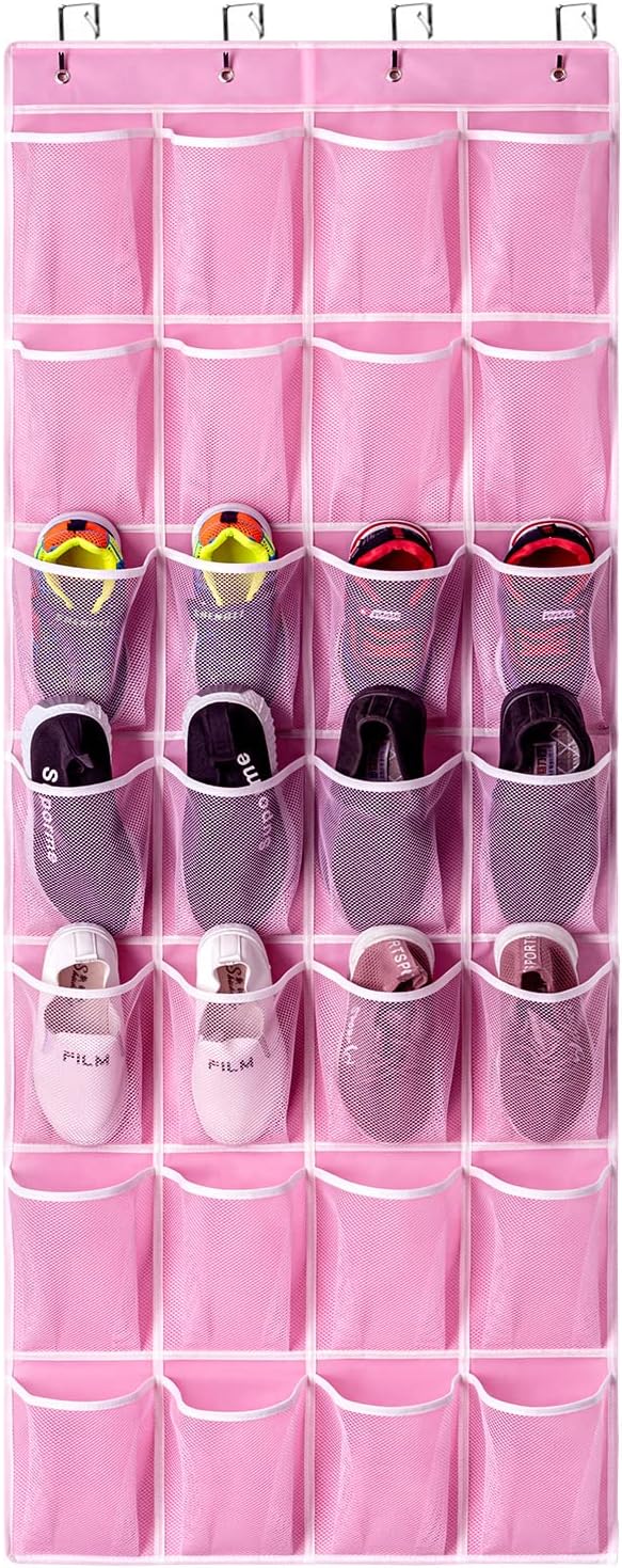 KEEPJOY 28 Pockets Hanging Shoe Organizer, Over the Door Shoe Organizer, Hanging Door Shoe Holder Rack with Mesh Pockets Large Size 65 x 23 Inch (Pink-1Pack) - Image 7