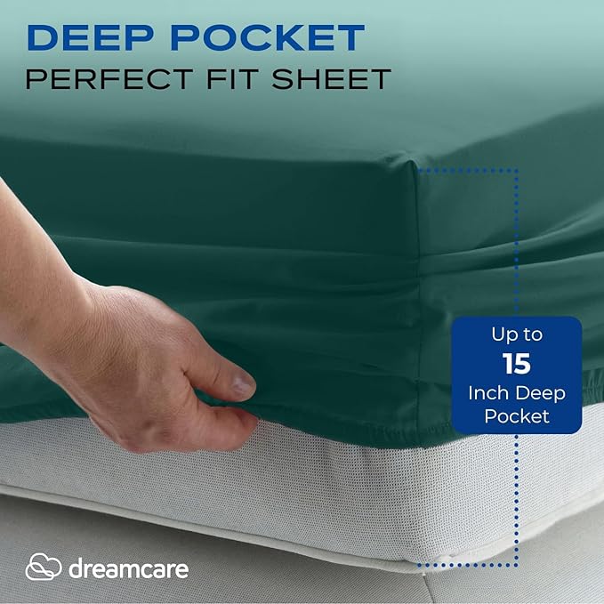 DREAMCARE Twin XL Sheet Sets - 4 pcs Breathable Cooling Bed Sheets - up to 15" Deep Pocket Twin XL Sheets Set with Side Pockets -Extra Soft 100% Brushed Hypoallergenic Hotel Luxury Bedding Emrld Green