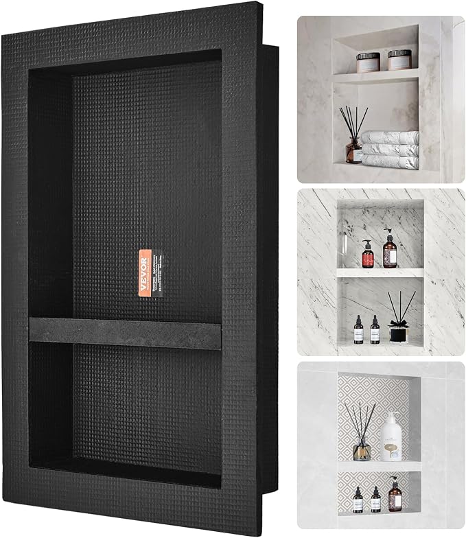 VEVOR Shower Niche Ready for Tile 16" x 24", Double Shelf Organizer, Square Corners Wall-inserted Niche Recessed, Sealed Protection Modern Soap Storage Niche for Shower Bathroom, Black by VEVOR