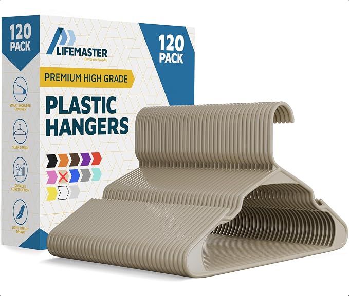 Lifemaster Plastic Clothes Hangers – Heavy Duty Hanger Set, for Organizing Clothes, Dresses, and Coat, Holds Up to 5 lbs, Space-Saving Hangers with Non-Slip Shoulder Grooves, Pack of 120, Ivory by LIFEMASTER