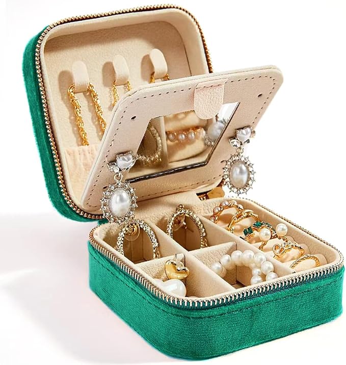 Travel Velvet Jewelry Box with Mirror, Mini Gifts Case for Women Girls, Small Portable Organizer Boxes for Rings Earrings Necklaces Bracelets by SMILESHE