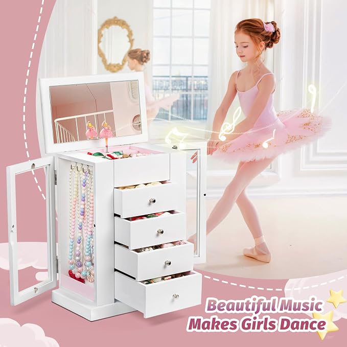 Emfogo Jewelry Box for Girls, Musical Jewelry Box with Spinning Dancer Gifts for Little Girls Christmas New Year Birthday Children's Day, 5 Layer Large Wooden Kids Music Jewelry Organizer Box(White) - Image 3