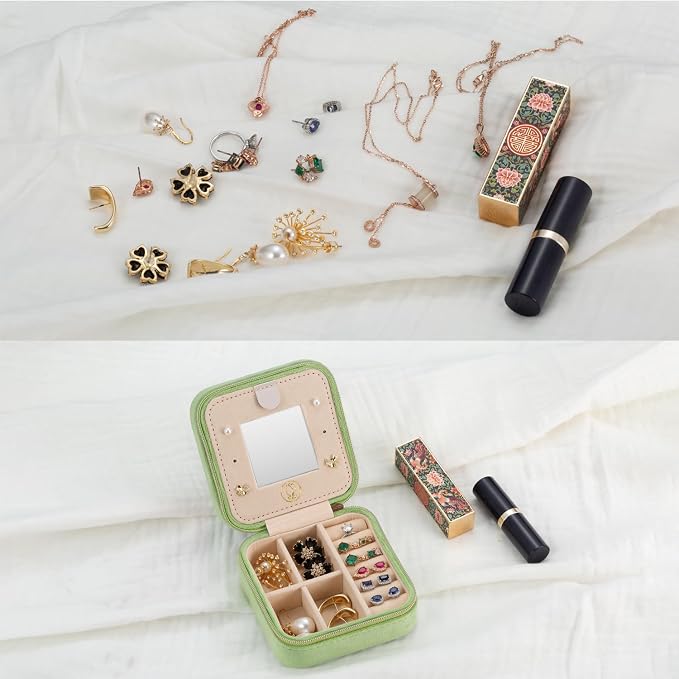 TRODANCE Plush Velvet Travel Jewelry Case Organizer, Small Travel Jewelry Box,Portable Jewelry Box Travel Mini Organizer Portable Display Storage Box For Rings Earrings Necklaces (Grass Green) - Image 3