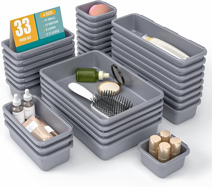 33 PCS Drawer Organizer Set, 4 Size Makeup Drawer Divider Organizer With Non-Slip Pads, Interlocking Plastic Storage Bins for Office,Jewelry Vanity,Gadgets, Bathroom,Kitchen, Grey by StoreHappily