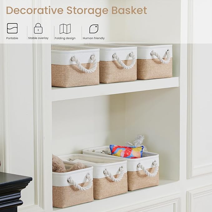 Storage Baskets for Shelves 11.8x7.9x5.2 Inch, Foldable Fabric Storage Bins with Handles, Small Storage Baskets for Organizing Closet, Office, Home Organization (3-Pack, White&Khaki) - Image 5