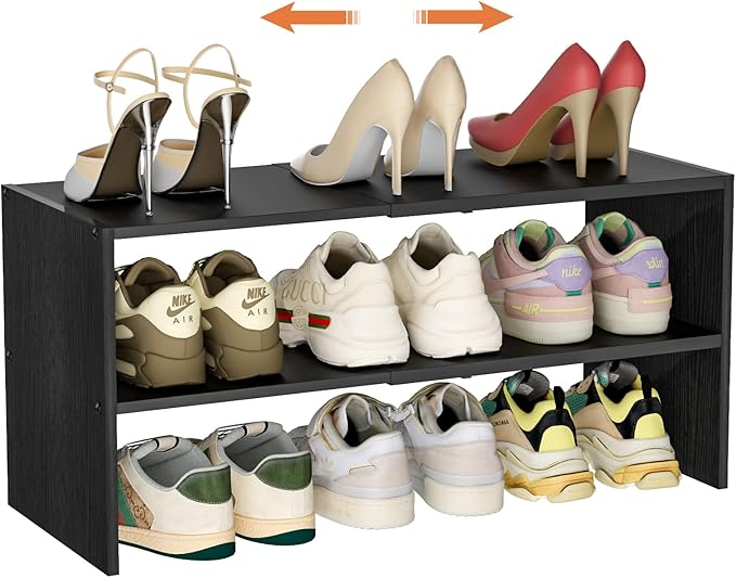 Black Shoe Rack Organizer for Closet, 2-Tier Expandable Shoe Shelf, Stackable Iron Wood Combination Small Shoe Racks Shelves for Closets, Entryway,Small Space,Hallway,Garage,6-12 Pairs by Cidaziya