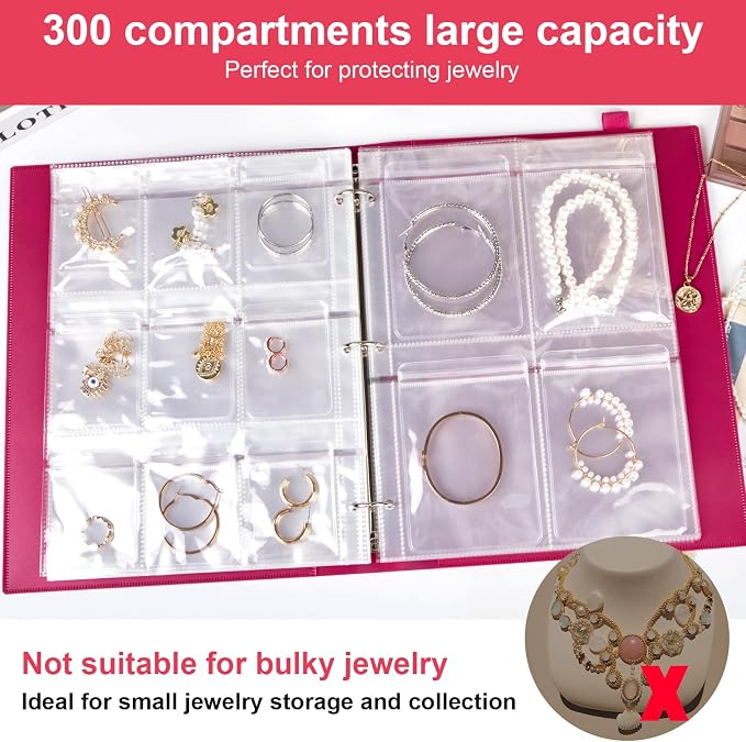 17Dec Large Transparent Jewelry Storage Book with 300 Pockets and 150 Jewelry Pouches,Travel Jewelry Organizer and Storage,Jewelry Binder Organizer for Earring,Bracelet,Necklace - Image 4