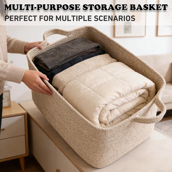 96L Large Blanket Basket,24"x16"x15"Rectangle Storage Bin with Handles,Woven Rope Laundry Basket for Toys, Clothes,Magazines,Home Organization,Nursery,Living Room & Bedroom,Brown - Image 5