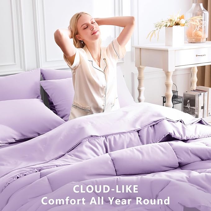 CozyLux Queen Comforter Set Lavender, 7 Pieces Bed in a Bag, Light Purple Comforters Queen Size, All Season Bedding Sets with Stitch Quilted Comforter, Flat Sheet, Fitted Sheet, Pillowcases