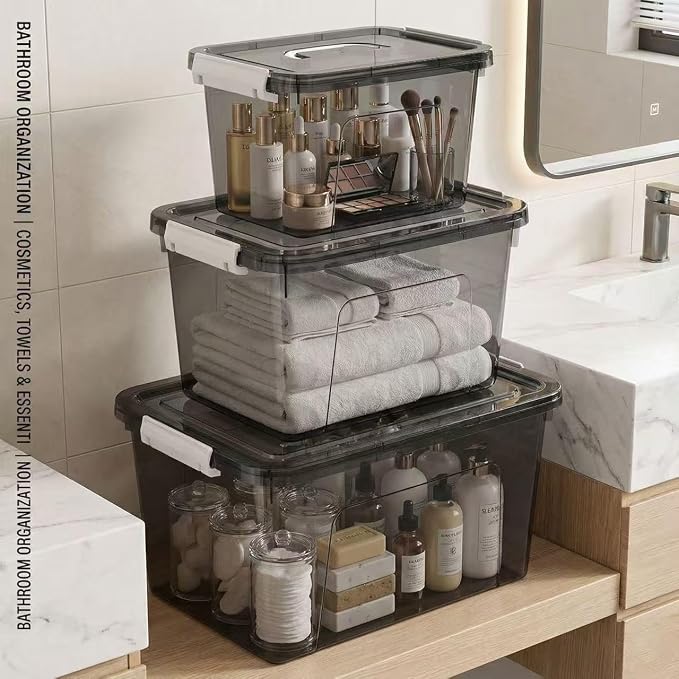 Plastic Storage Bins with Lids, 3 Pack Mixed Sizes (22 Qt, 16 Qt, 7 Qt) Clear Black Stackable Organizer Boxes with Latches for Closet, Pantry, Garage, Bathroom, Office - Image 4