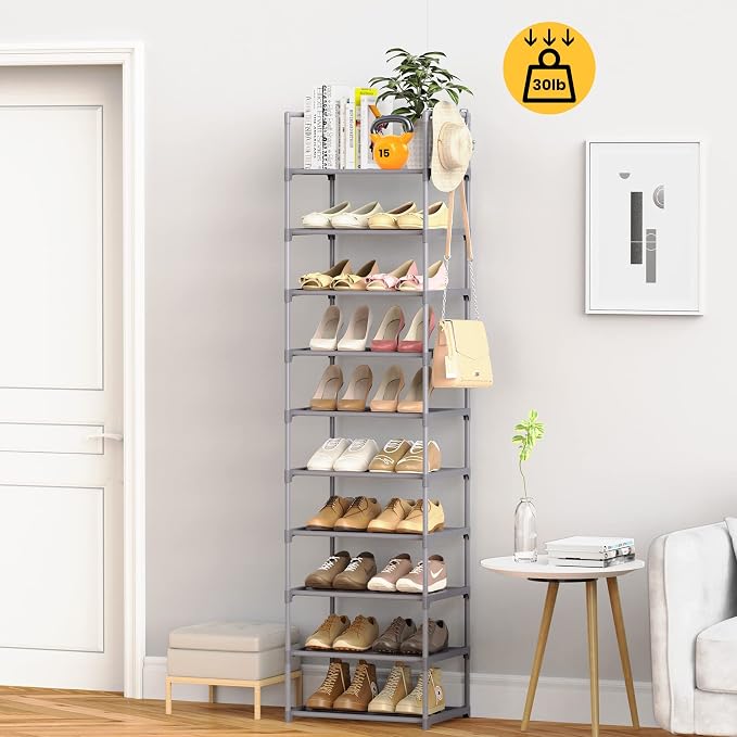 10 Tiers Tall Shoe Rack Narrow 20-24 Pairs Shoe Rack for Closet Entryway Vertical Metal Shoe Rack Organizer Shoe and Boots Organizer Storage Sturdy Shoe Shelf Shoe Stand Gray - Image 2