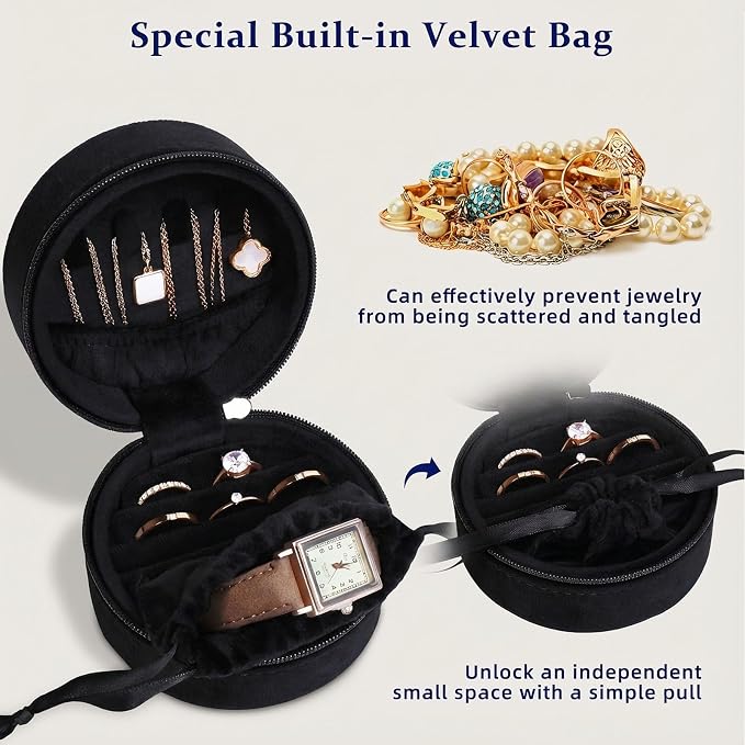 CONBOLA Travel Jewelry Case Small Jewelry Box for Women Girls,Round Velvet Mini Jewelry Travel Organizer,Portable Jewelry Box for Rings Earrings Necklaces Bracelets.(Black,Small) - Image 4