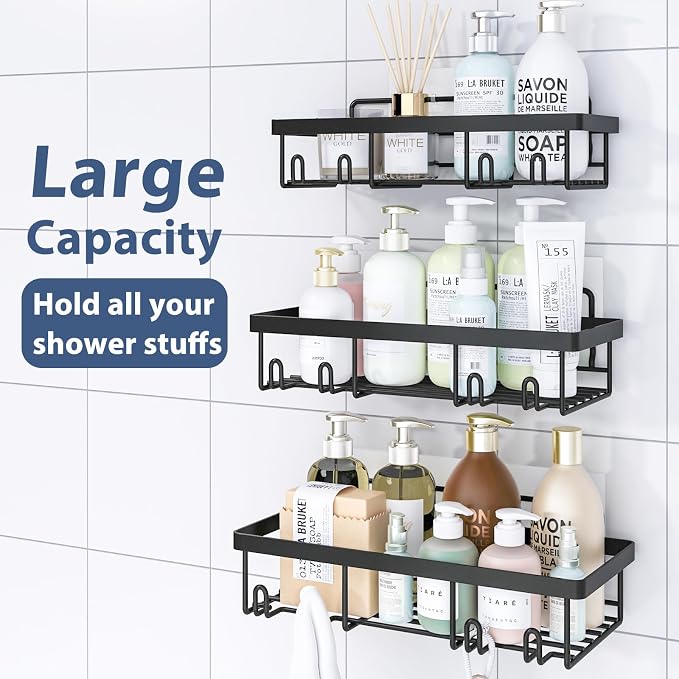 Liuoud 5 Pack Shower Caddy Organizer Rack Shelf for Inside Shower, Adhesive Bathroom Wall Storage Basket Rustproof Stainless Steel Shampoo Holder, Bathroom Accessory Decor Set, Black. - Image 3