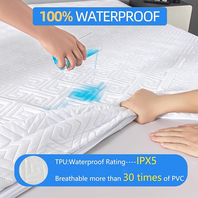 Waterproof Mattress Protector King Size,IPX5 Quilted Bed Mattress Cover 325GSM,6"-18" Deep Pocket Fitted Sheet,Ultra-Soft Breathable Soft Noiseless Mattress Pad Cover,Vinyl Free Machine Washable