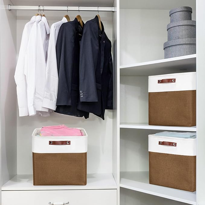 Bagnizer 13x13 Cube Storage Bins, Collapsible Fabric Storage Box, 4 Pack Closet Baskets with Handles for Organizing, Shelf, Toys, Clothes, Home, Office, Nursery (Brown&White) - Image 5
