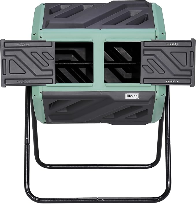 Werph Updated 43 Gallon Dual-Chamber Compost Bin, Fast Assembly Rotating Outdoor Compost Tumbler, Batch Composter with Gloves for Garden, Kitchen, and Yard Waste, Green & Black by ColorYourLife