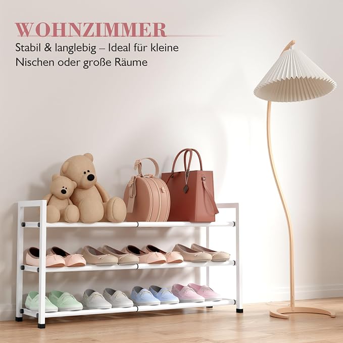 Bumusty 3-Tier Expandable Shoe Rack for Closet, 18“-33” Adjustable Shoe Rack for Small Space, Small Shoe Organizer for Front Door, Sturdy Metal, White - Image 4