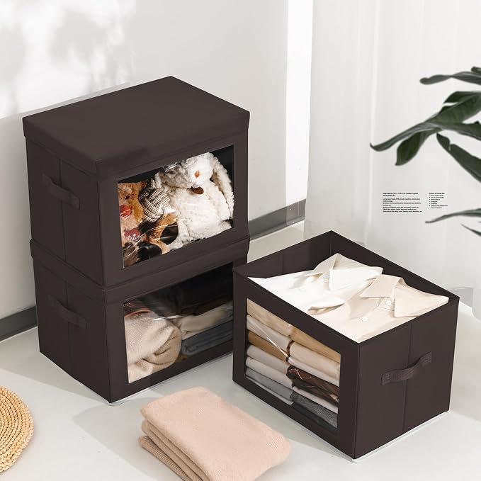 Homsorout Stackable Storage Bins with Lids - Large Storage Box with Lids, Foldable Closet Boxes for Organizing, Wardrobe Clothes Organizer with Window, Cubes Bins for Living Room, 3 Pack, Brown - Image 4