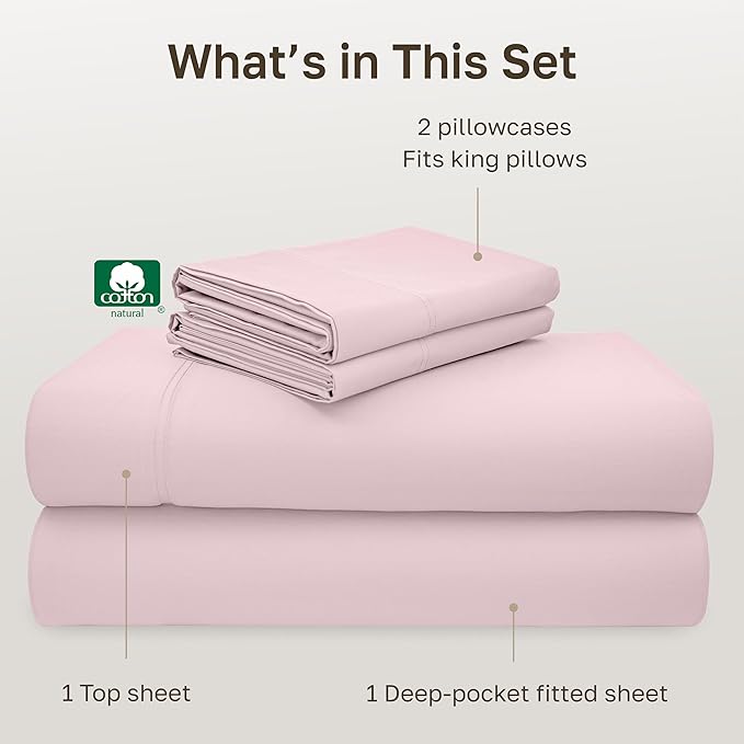 California Design Den King Size Sheet Set - 100% Cotton, Luxury 600 Thread Count Deep Pocket King Sheets, Durable Bedding with Sateen Weave - Blush Pink