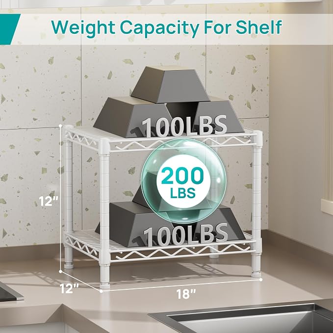 SINGAYE 2 Small Shelves Kitchen Storage Shelf Wire Shelving Unit Metal Shelf Adjustable Organizers Storage Shelving for Office Pantry White 12" D X 18" W X 12" H - Image 3