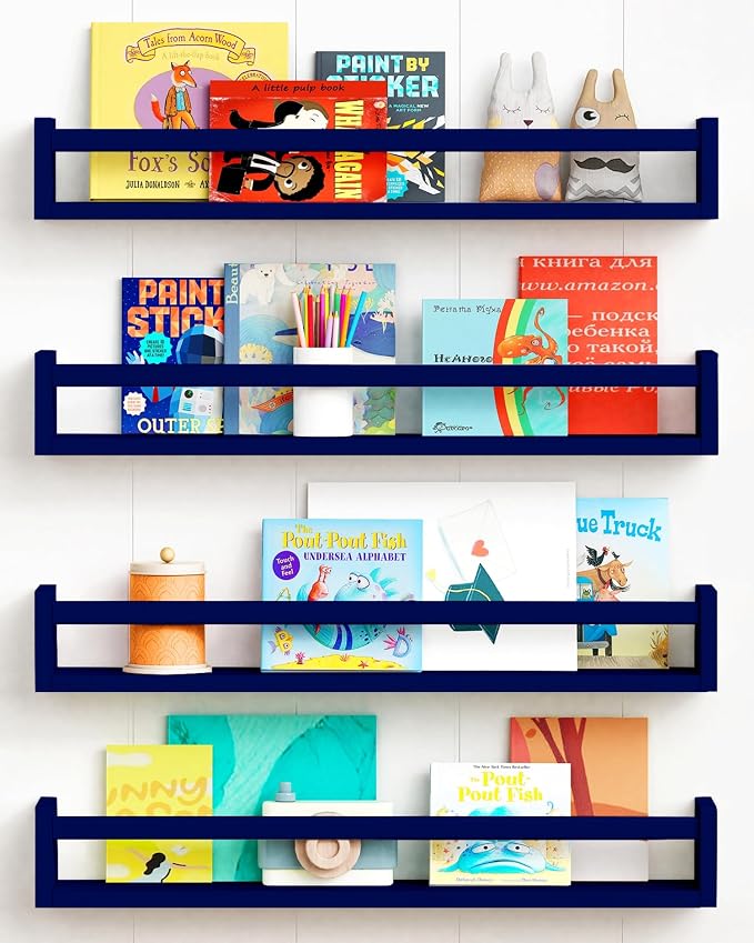 Forbena Wall Book Shelf Organizer for Kids Room Set of 4, Large Floating Book Shelves for Boy Nursery Wall Deocr, 24 Inches Wall Mount Bookshelf for Toddler Child Teen Boys Bedroom (Navy Blue) by Forbena