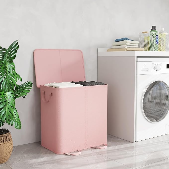 Lifewit Double Laundry Hamper with Lid and Removable Laundry Bags, Large Collapsible 2 Dividers Dirty Clothes Basket with Handles for Bedroom Laundry Room Closet Bathroom College, 136L Pink - Image 6
