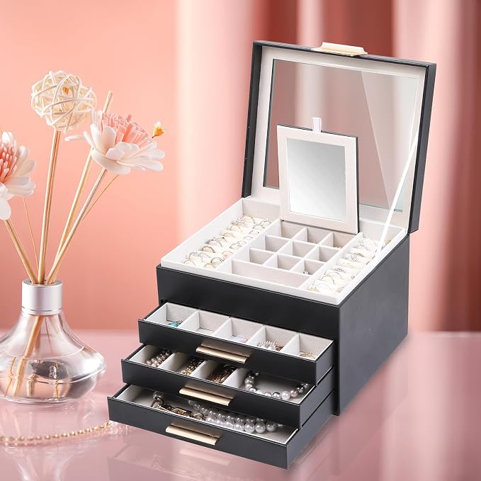 BOOVO Clear Lid Jewelry Box,4 Layers Jewelry Organizer Large Jewelry Storage Box with 3 Drawers,Jewelry Holder Organzier of Rings Earrings Necklace Bracelets for Women (Black, 4 Layer) - Image 6