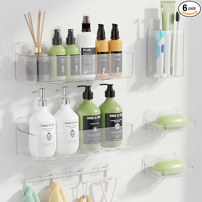 Adhesive Shower Caddy 6 Pack Rustproof Shower Shelves for Inside Shower No Drilling Bathroom Organizers and Storage & Home Décor & Kitchen Large Rack with Soap Holder Clear (clear) by Unknown