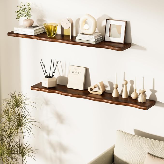 Floating Shelves for Wall Rustic Farmhouse 48 Inch Floating Shelf Bathroom Wooden Shelves for Wall Mounted Live Edge Pine Shelf with Unique Natural Grain for Living Room Bedroom Kitchen (Walnut) - Image 2