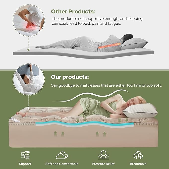 BEDLORE 4 Inch Memory Foam Mattress Topper King,2-in-1 Dual Layer Design (2" Gel Memory Foam + 2" Plush Pillow Top Cover) Mattress Topper Medium-Firm,Pressure Relief & Back Pain Support(Beige)