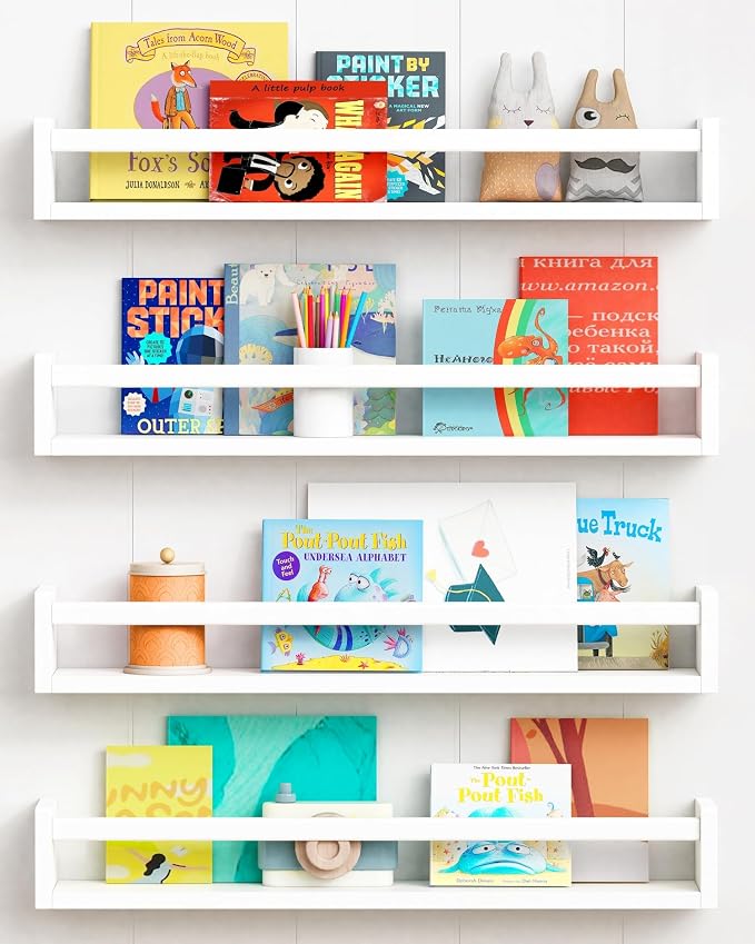 Forbena 24 Inch Wall Bookshelf for Kids Bedroom Set of 4, White Floating Nursery Book Shelves for Baby Toddler Children Girls Boys Room Decor, Large Wood Wall Mount Bookshelves and Toy Storage by Forbena