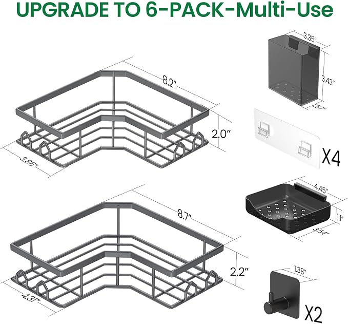 Adhesive Shower Caddy, 6 Pack Corner Bath Organizer, Rustproof Stainless Steel Shower Shelves with Large Capacity, No Drilling Shelves for Bathroom Storage, Home, Kitchen Decor (Dark Grey). - Image 2