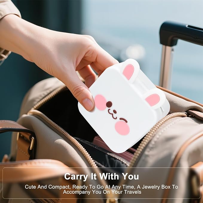 Cute Bunny Travel Jewelry Case with Mirror, Silicone Portable Small Mini Jewelry Organizer Box for Women Girls Mom, Wedding, Birthday Gift - White - Image 3