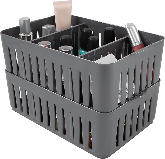 Simplify 4 Pack 3 Compartment Stackable Bin with Adjustable Dividers | Drawer Organizer | Storage Basket | Good for Office | Desk Supplies | Dorm | Bathroom | Accessories | Make Up | Grey - Image 6