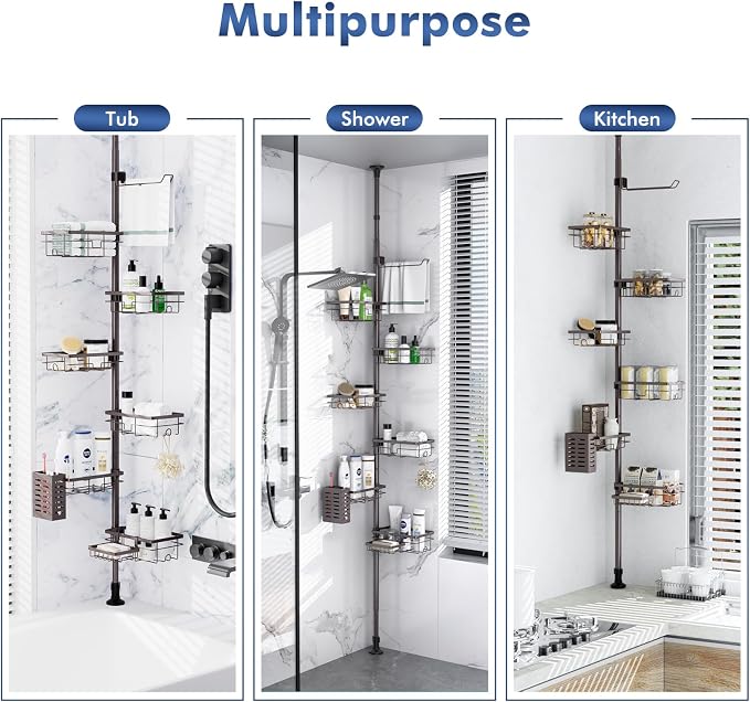 Vatex Corner Shower Caddy Tension Pole,Adjustable 30-120 Inch Bathroom Organizer Storage,Rustproof 6-Tier Shower Corner Shelves,Towel Rack, Toothbrush Holder, Soap Dish Organizers - Image 8
