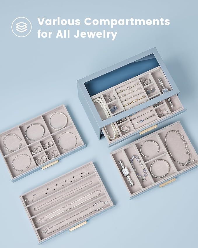 Lolalet Jewelry Box Organizer, 4-Layer Jewelry Organizers and Storage Case with Glass Lid, Ring Earring Bracelet Necklace Holder Organizer, Birthday Valentine Gifts for Women Girls -4Layer, HazeBlue - Image 3