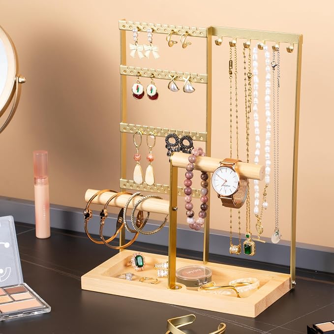 Jewelry Organizer Stand, Jewelry Holder, Lengnoy 4 Tier Earring Holder with 48 Holes and 6 Hooks Necklace Organizer Wood Box for Necklace Bracelet Earring Ring, Gold - Image 2
