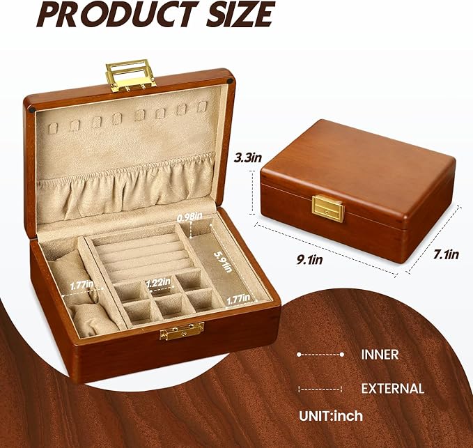 Wooden Jewelry Box with Lock, Double Layer Solid Walnut Wood Jewelry Organizer with Key Velvet Lining for Earrings Rings Necklaces Bracelets Cufflink Pendants Gift Idea Men Women - Image 9
