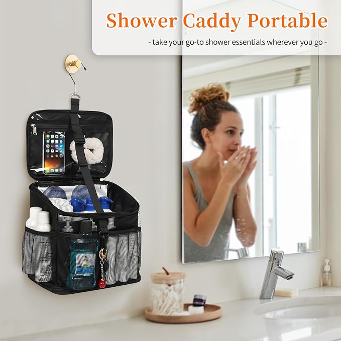CUBETASTIC Shower Caddy Portable Mesh Shower Tote for Bathroom, Gym, Travel, Camping - Quick Dry Hanging Organizer Toiletry Bag with Handle for College Dorm Room, Men & Women (A# Black, 9.8") - Image 6